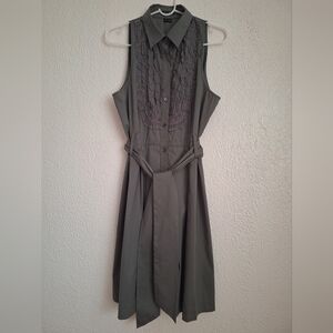 THEORY  Gray Midi Dress with Mandarin Collar and 3/4 Sleeves